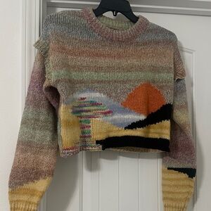 Urban Outfitters Cropped Knit Sweater Abstract Sunset Landscape